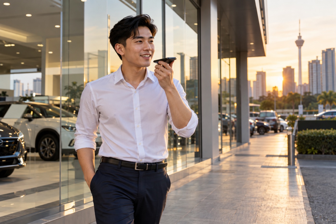 A salesperson reading a drafted WhatsApp reply on screen and editing it before sending.