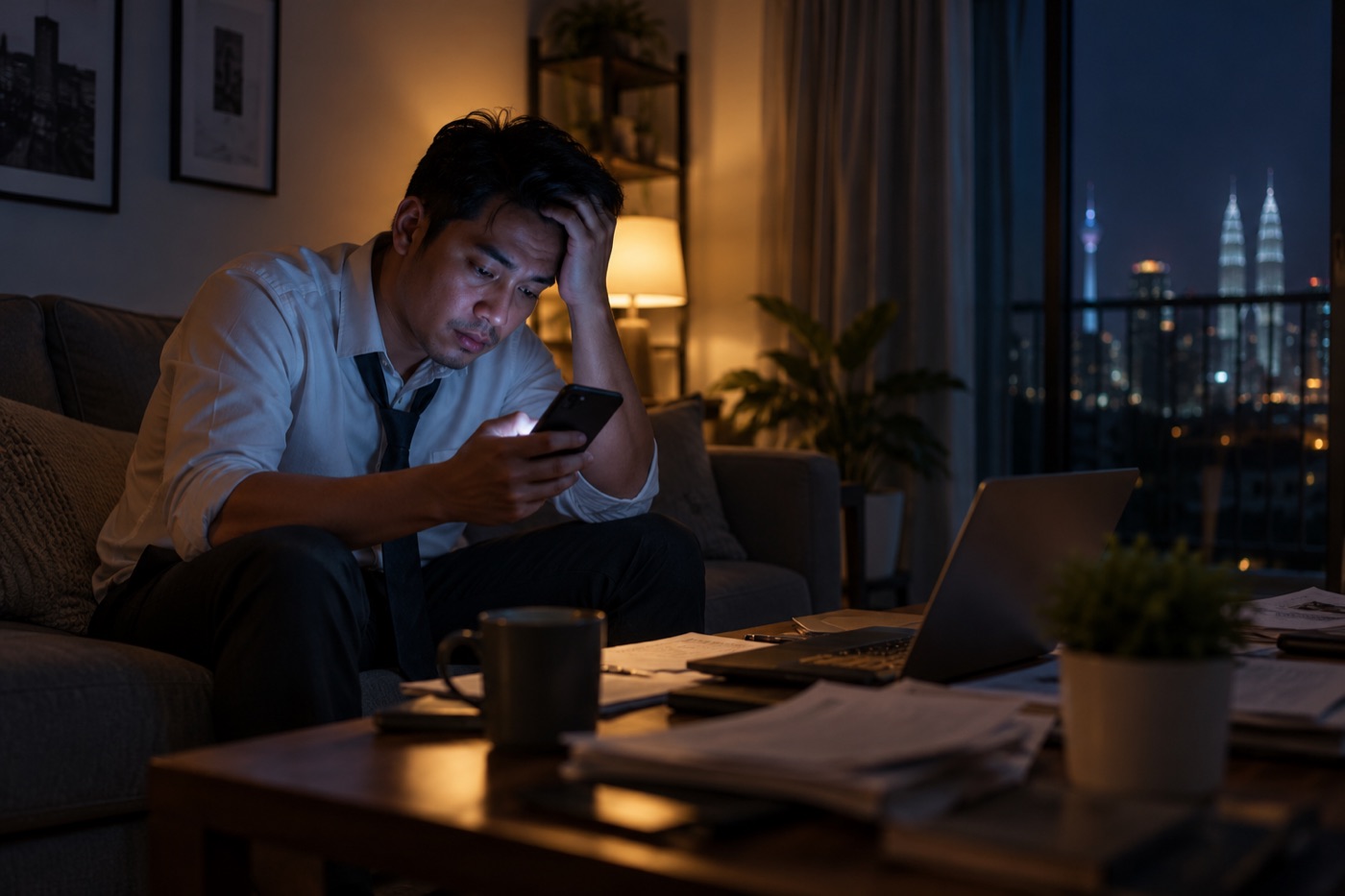 A tired salesman on his sofa late at night, scrolling through unanswered customer chats on his phone.