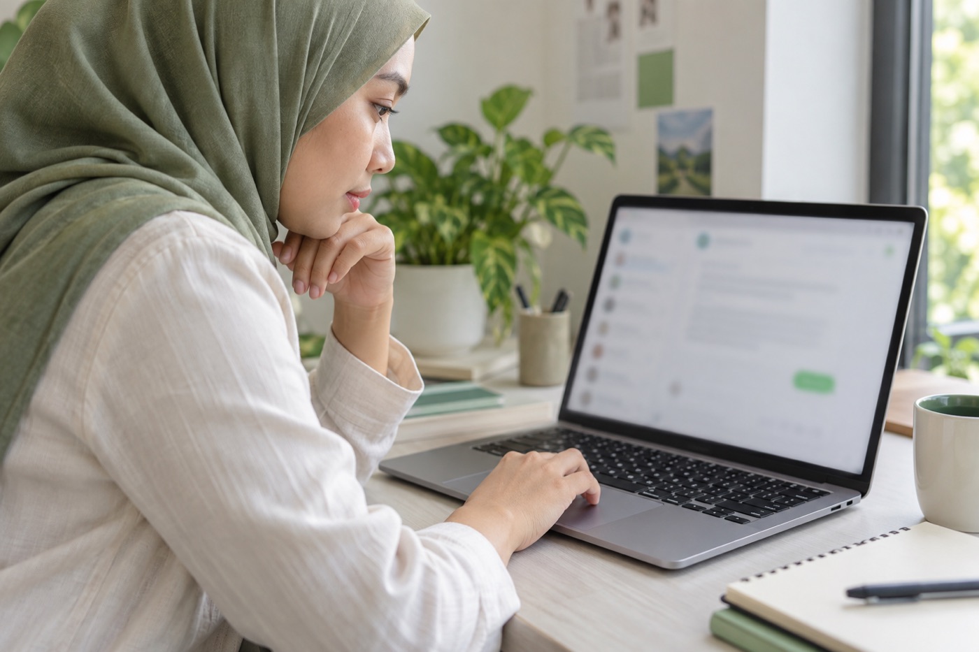 A woman in a hijab resting her chin on her hand, reading a WhatsApp Web chat on her laptop before deciding what to send.